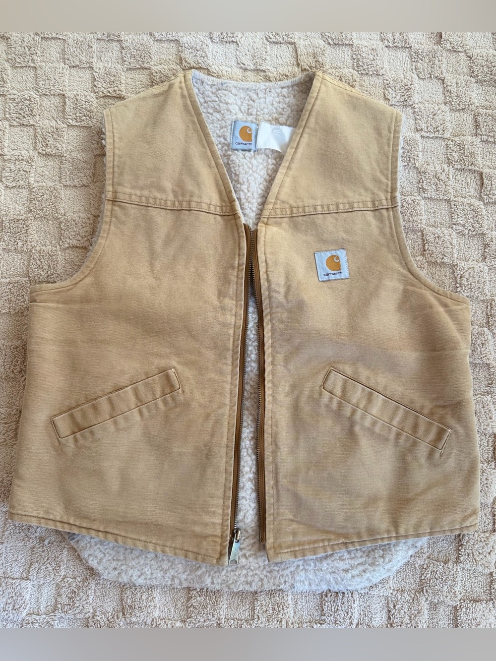 Carhartt Tan Duck Canvas Sherpa Lined Vest Full Zip Workwear